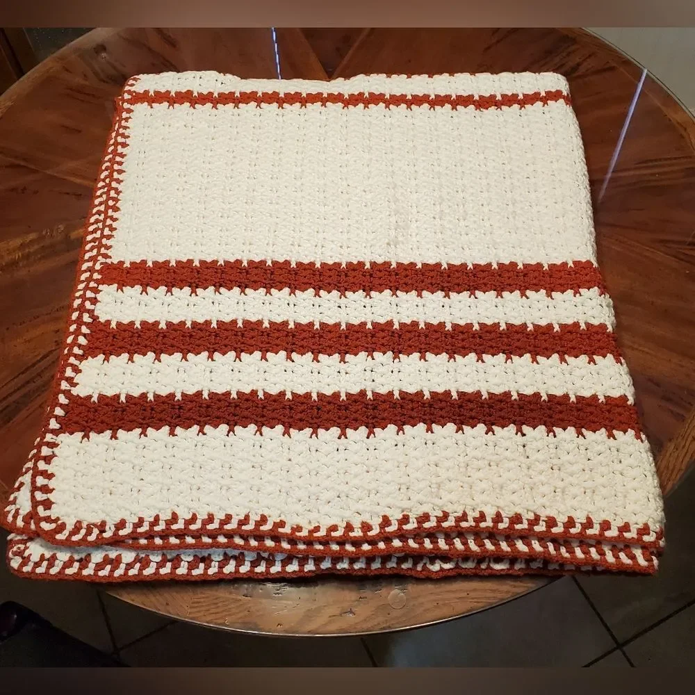 Vintage Handmade Crochet Throw Blanket Off White with Burnt Orange Stripes
